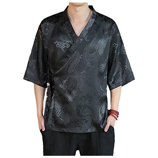 OTFTHPCW camicetta hanfu vintage maschio maschio a mezza manica estiva chic drago stampa kimono camicia da uomo in stile cinese black m