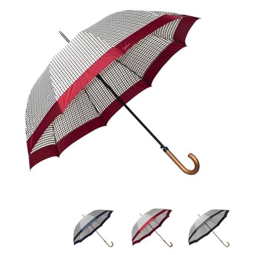 VIRSUS ombrello da pioggia maxi 10 stecche 9517, fantasia a scacchi, tessuto pongee, apertura automatica, aste e struttura in fibra, manico curvo in legno, ombrello antivento (fascia rossa)