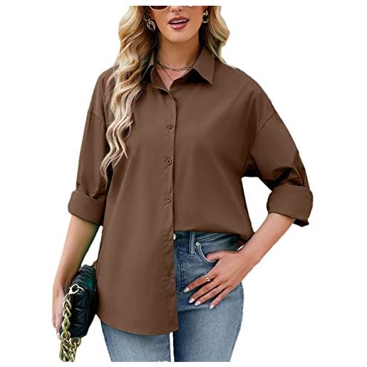 Adhdyuud camicia da donna in cotone oversize con bottoni eleganti camicette da donna a maniche lunghe, marrone scuro, l