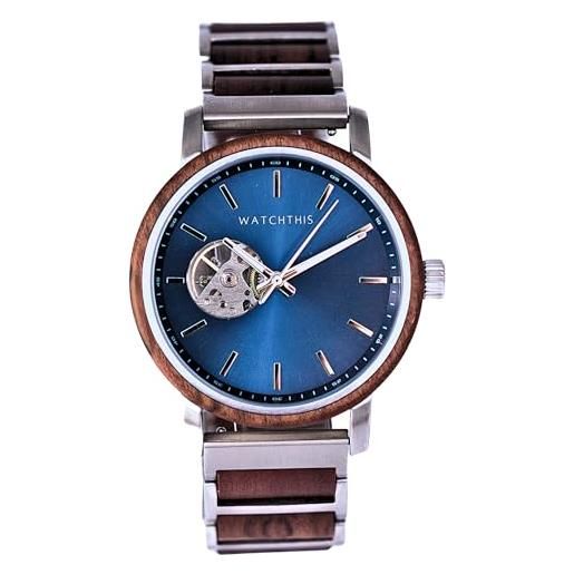WAT WATCHTHIS watchthis berlin orologio da uomo di lusso - orologio meccanico automatico realizzato a mano in vero legno e acciaio inox, movimento preciso, sostenibile, con scatola inclusa, blu zaffiro, moderno