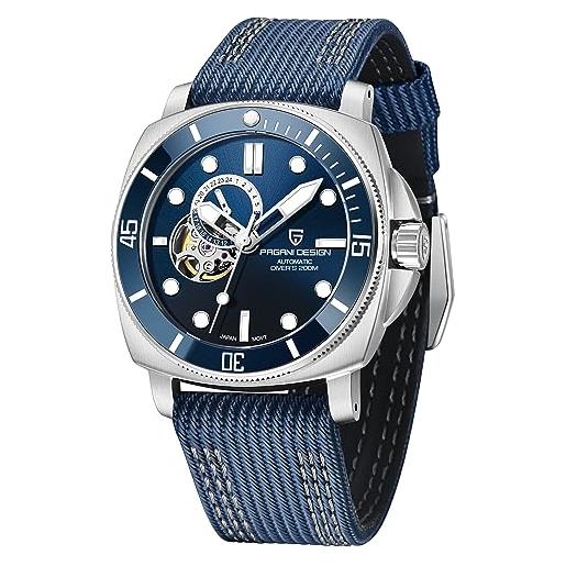 CEYADG pagani design tourbillon watches for men mechanical wristwatches, men's automatic watch skeleton dial casual sports nylon leather bracelet (blu)