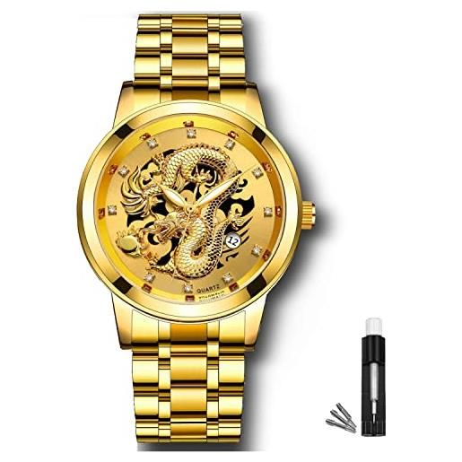 FOWAWU orologio uomo, orologi da uomo con diamanti dragon dorato 3d, orologio da polso da uomo classici in acciaio inossidabile con data auto, 