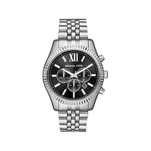 Michael Kors orologio lexington da uomo, movimento cronografo, cassa in acciaio inossidabile argento da 44 mm con bracciale in acciaio inossidabile, mk8602, nero e argento