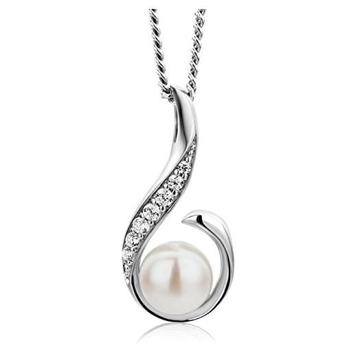 Miore collana donna argento, catena con ciondolo di perla coltivata d'acqua dolce e zirconi in argento 925. Catenina grumetta lunga cm 46. Pendente donna anallergico. 