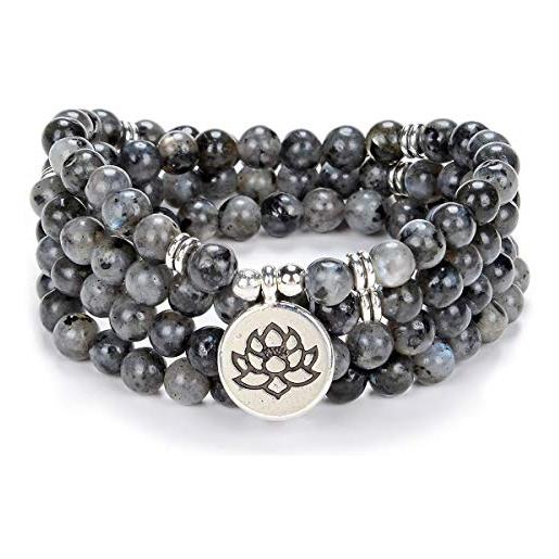 oasymala chanting mala prayer beads 108 bracciale collana per meditazione con piccolo ciondolo fiore di loto (labradorite grigia (grey labradorite))