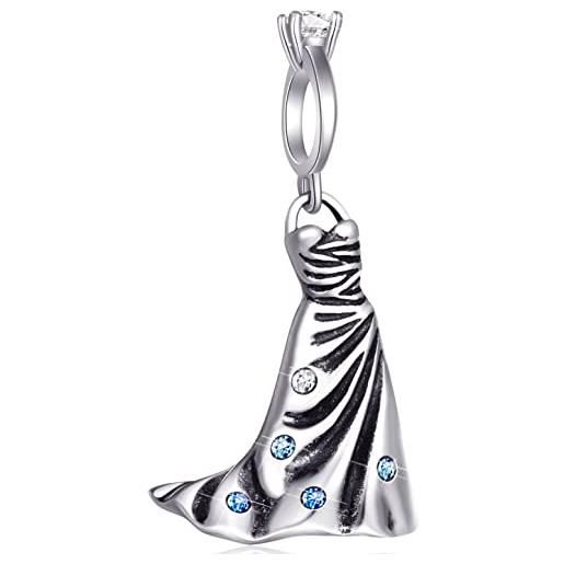 GLOWDAS fede nuziale charms abito da sposa ciondolo, adatta pandora bracciale festa della mamma, 925 argento sterling senza spalline abiti collana perline con cristallo blu, regali per la nipote/figlia/madre