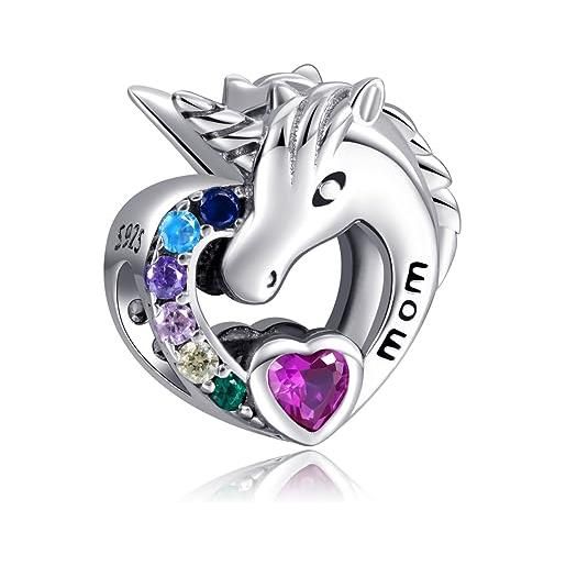 NINGAN 925 sterling silver cuore unicorno mamma charms perline ciondolo zircone colorato adatto per donne bracciale collana, festa della mamma regalo