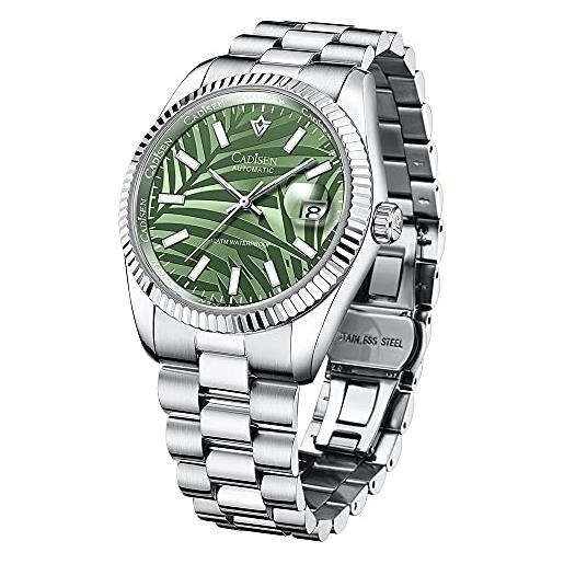 Cadisen - orologio automatico da uomo con riserva di carica, vetro zaffiro, impermeabile, cinturino in acciaio inox, verde, 40mm
