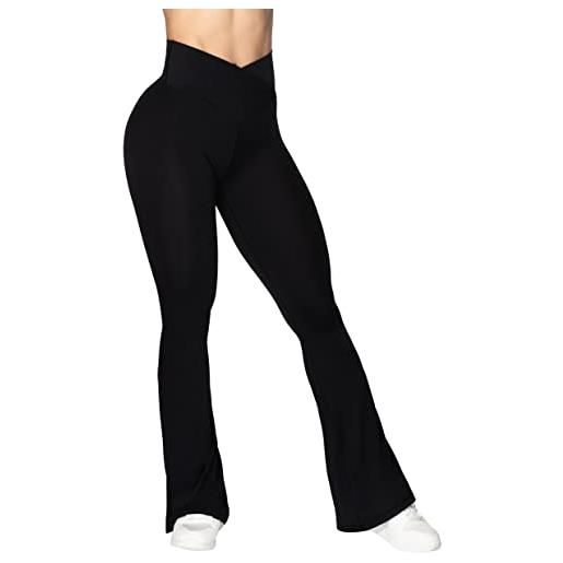 Sunzel pantaloni da yoga da donna, leggings incrociati svasati con controllo della pancia a vita alta e gamba larga, nero, m
