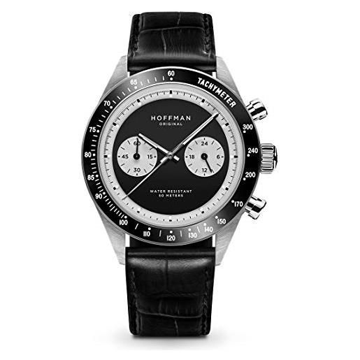 Hoffman Watches racing 40 reverse panda cronografo ibrido quarzo meccanico acciaio nero bianco pelle orologio uomo