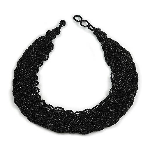Avalaya grande collana intrecciata con perline di vetro nere, lunghezza 53 cm, misura unica, vetro