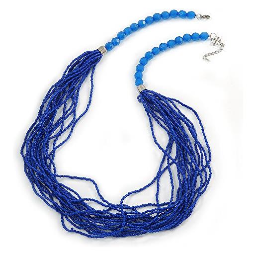 Avalaya collana multifilo con perline di vetro azzurro/viola e chiusura argentata, lunghezza 70 cm, estensione di 7 cm, misura unica, vetro plastica