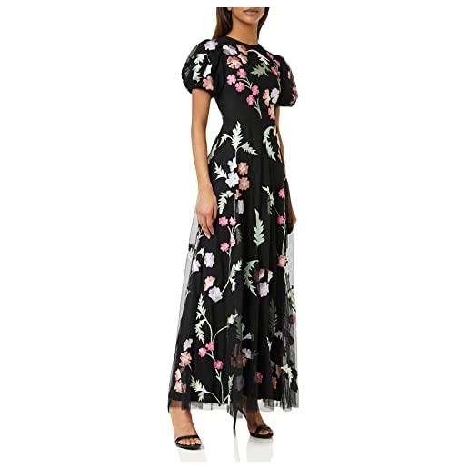Maya Deluxe womens maxi ladies floral embroidered open back puff sleeves dress for wedding guest bridesmaid prom occasion vestito, black, 42 donna