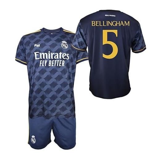 Real Madrid set bambino t-shirt e pantaloni - bellingham 5 - seconda equipaggiamento stagionale 2023-2024 - replica ufficiale con licenza ufficiale - bambino, blu, 14 anni