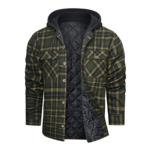 Oralidera camicia da lavoro imbottita da uomo con cappuccio lumberjack invernale calda trapuntata con cappuccio giacche a maniche lunghe a quadri spessi, verde, l
