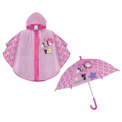 perl mantellina pioggia e ombrello, minnie disney, ombrello apertura manuale, impermeabile, mantella, antipioggia, antivento, per bambini 2 3 4 5 anni, rosa