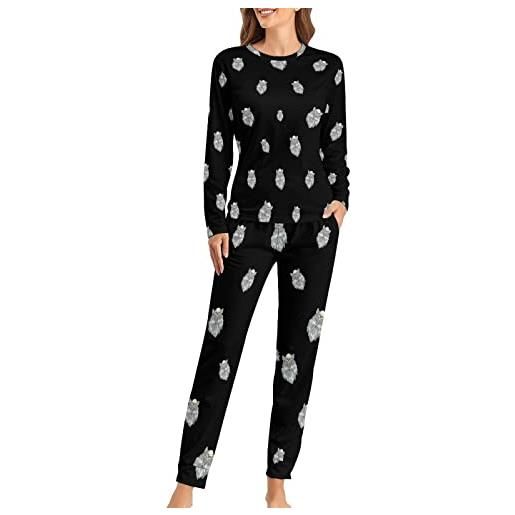 TUBIAZICOL4 set pigiama da donna con teschio lupo e piuma, due pezzi, maglietta a maniche lunghe e pantaloni loungewear