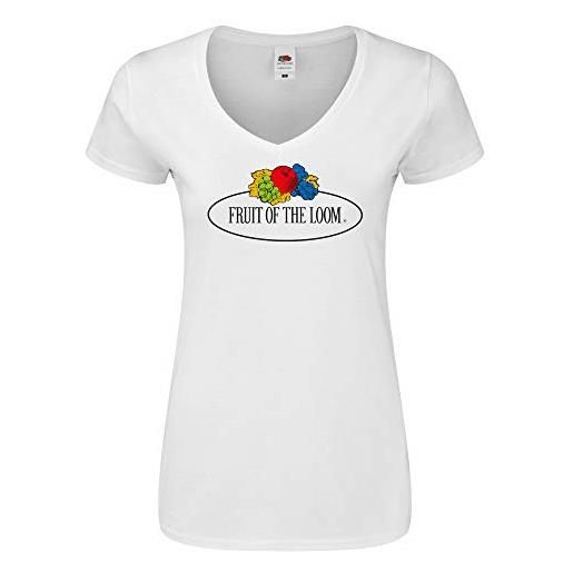 Fruit of the Loom ladies iconic 150 - maglietta con scollo a v e logo vintage sul petto, bianco - logo vintage grande, xl