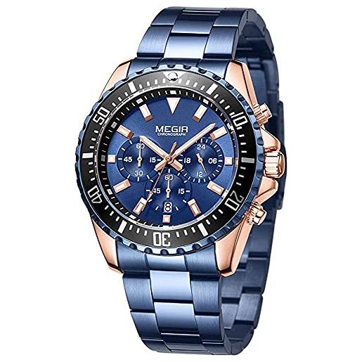 MEGIR orologi da uomo di lusso moda in acciaio inossidabile orologio al quarzo uomo impermeabile luminoso cronografo orologio da polso, blu, bracciale