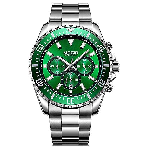 MEGIR orologi da uomo al quarzo cronografo militare luminoso con cinturino in acciaio inossidabile, verde