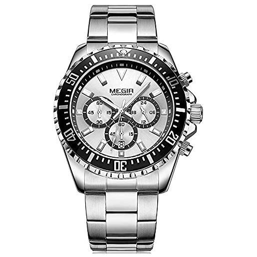 Megir orologi da uomo di lusso moda in acciaio inossidabile orologio al quarzo uomo impermeabile luminoso cronografo orologio da polso, bianco, bracciale