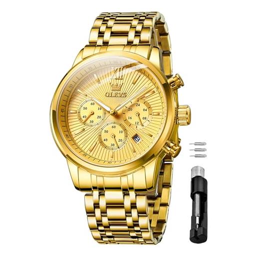 OLEVS orologi da uomo oro blu regali acciaio inossidabile orologio impermeabile luminoso casual elegante uomo con diamante viso business quarzo orologio da polso, 709-oro