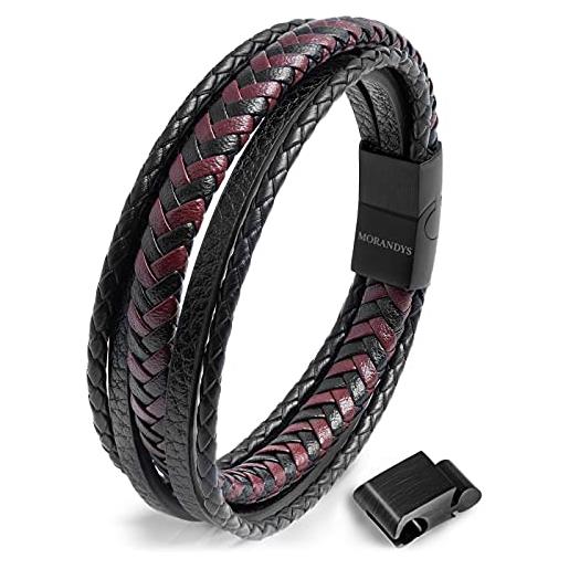 Morandys | bracciale uomo pelle intrecciata con chiusura magnetica in acciaio | braccialetto elegante unisex | cinturino idea regalo anniversario | urban mix (black-red, 21)