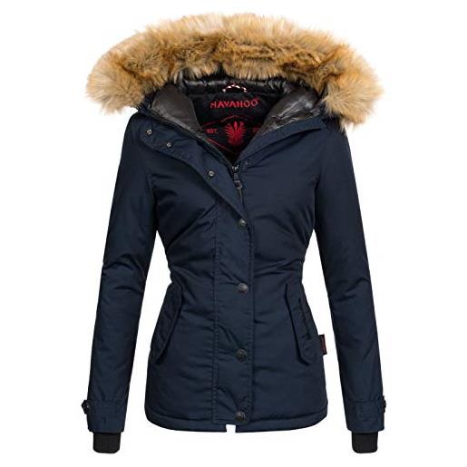 Navahoo b392 - giacca invernale calda da donna, parka con cappuccio in pelliccia sintetica blu xs