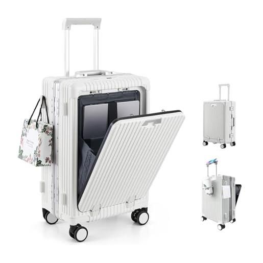 LANMOU valigia rigida media, 20 valigia bagaglio a mano con telaio in alluminio e guscio abs, 56cm 44l stiva, 4 ruote, lucchetto tsa, porta usb, trolley rigido da cabina, bianco
