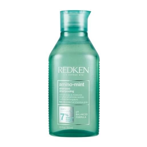 Redken shampoo, con menta piperita per capelli grassi e cuoio capelluto irritato, deterge e rinfresca le radici senza appesantire, amino mint, 300 ml