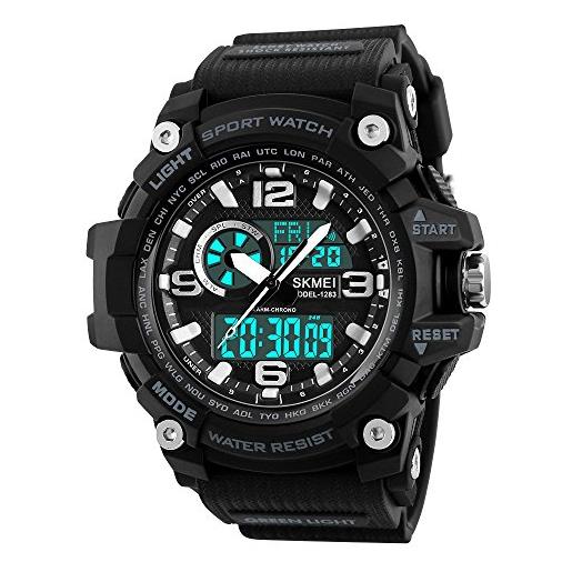 SKMEI orologio sportivo digitale da uomo, impermeabile fino a 50 m, orologio militare con schermo a led, cronometro e sveglia, nero, digitale