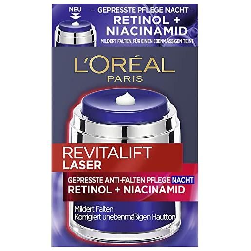 L'Oréal Paris cura notturna antirughe pressata con retinolo e niacinamide, crema da notte contro le rughe e per una pelle uniforme, revitalift laser, 50 ml