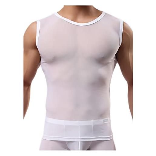 Detwen canottiera da uomo, trasparente, senza maniche, maglietta da uomo, in rete, per clubwear, bianco, m