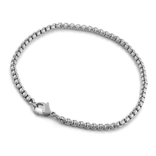 Akitsune baca maglie della catena braccialetto | 3 mm di diametro | box rolo chain degli uomini donne moschettone in acciaio inox minimalista - argento 21 centimetri