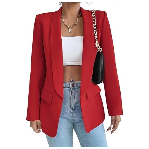 LIAOPUFUS donna blazer slim fit maniche lunghe tuta con risvolto giacca da ufficio business con tasche e vari colori stile casual classico(s, rosso)