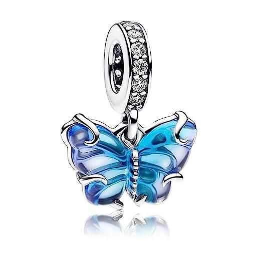 Amuefer farfalla blu charm compatibili bracciale collana pandora, argento sterling ciondolo compleanno natale gioielli regali per le donne ragazza moglie amici