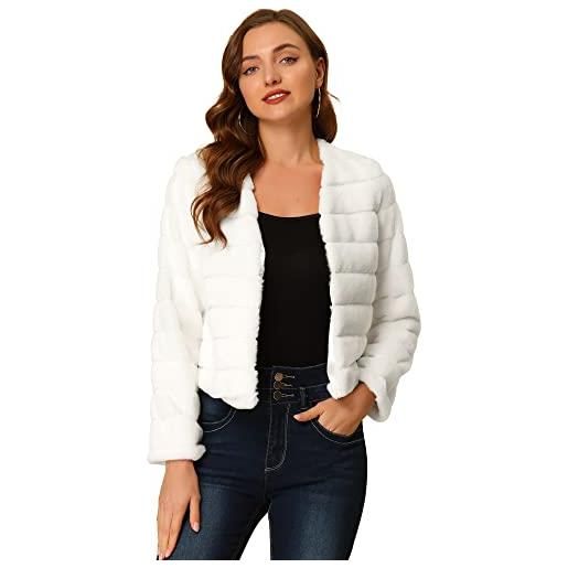 Allegra K giacca corta invernale calda da donna senza collo in pelliccia sintetica cappotto soffice, bianco, xl