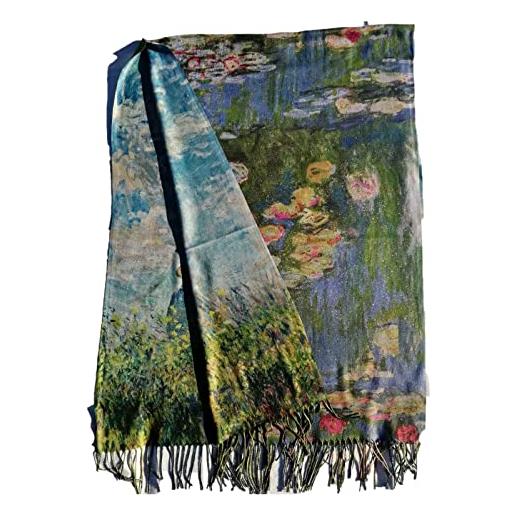 TF sciarpa viscosa e lurex doppia stampa monet donna con ombrellino e ninfee regalo donna arte moda stola foulard