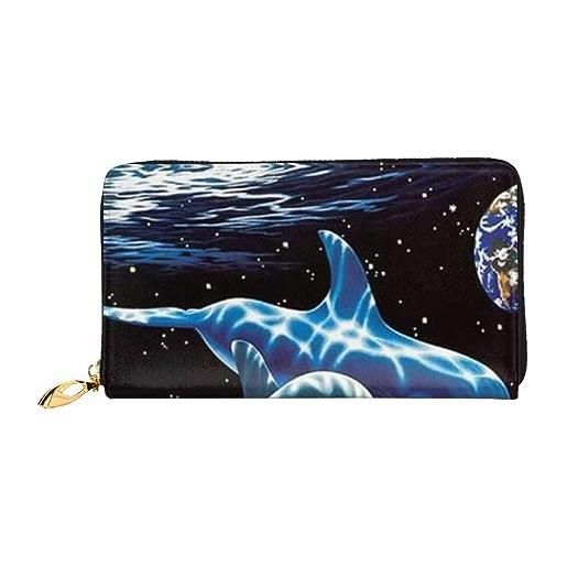 LAMAME magic blue fox portafoglio in pelle stampata con tasca con zip portafoglio da viaggio portatile, delfino nero, taglia unica