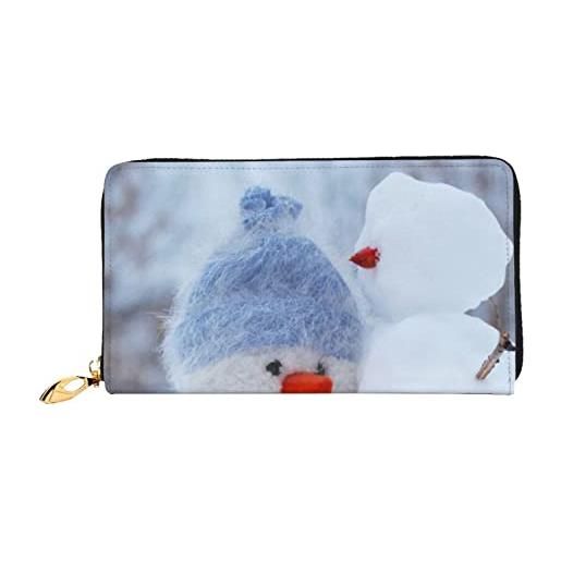 LAMAME portafoglio in pelle stampata merry christmas con tasca con cerniera portafoglio da viaggio portatile a pochette lunga, simpatico pupazzo di neve. , taglia unica