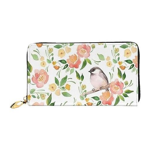 LAMAME portafoglio in pelle stampata merry christmas con tasca con cerniera portafoglio da viaggio portatile a pochette lunga, fiore e uccellino. , taglia unica