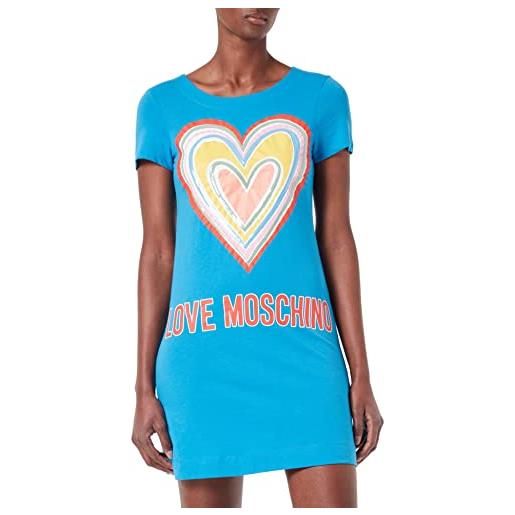 Love Moschino a- line dress in cotton jersey with maxi multicolor heart vestito, azzurro, 48 donna