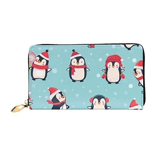 LAMAME portafoglio in pelle stampata merry christmas con tasca con cerniera portafoglio da viaggio portatile a pochette lunga, inverno natale pinguini, taglia unica