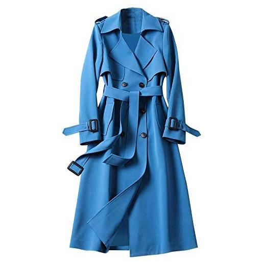KBOPLEMQ giacca trench da donna, cardigan doppiopetto, cappotto lungo, antivento, giacca a vento, giacca a vento, giacca a vento lunga, cardigan tinta unita, con tasche, blu, l