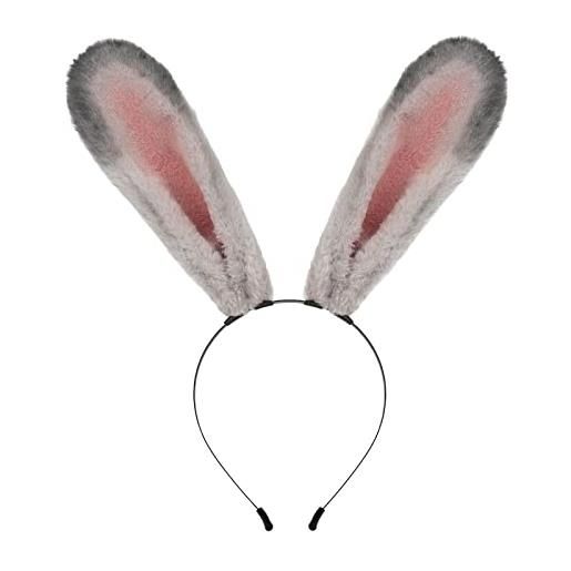 F Fityle costume da festa per orecchie da coniglio in peluche, fascia per capelli da donna, regolabile, grigio