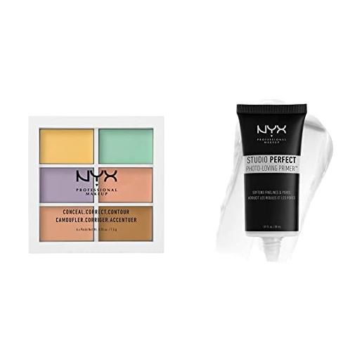 Nyx professional makeup palette colour correcting, palette 6 correttori per correggere le imperfezioni, tonalità cremose, confezione da 1 & studio perfect primer - base per makeup, incarnato uniforme