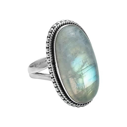 Silver Palace anello in argento sterling 925 massiccio con perline in pietra di luna arcobaleno di forma ovale naturale per donne e ragazze, metallo metallo gemma, pietra di luna