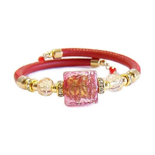 VENEZIA CLASSICA - bracciale da donna con perle in vetro di murano originale e vera pelle toscana, collezione lily, con foglia in oro 24kt, made in italy certificato (rosso)