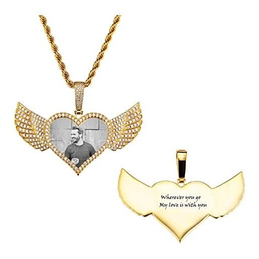 MeMeDIY collana con foto in bianco e nero con cuore collana con foto personalizzata con testo ciondolo in acciaio inossidabile regalo (oro 30 pollici)