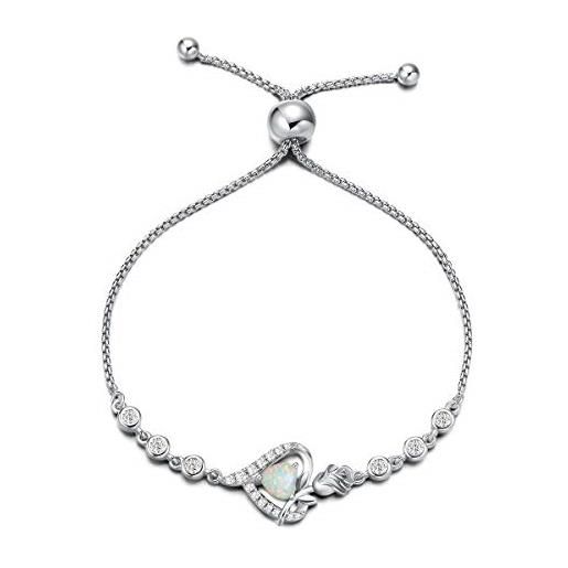 Agvana bracciali da donna, regolabile braccialetti cuore fiore rosa in argento sterling 925, opale portafortuna di ottobre heart bracciale gemma regalo di gioielleria per donna regalo